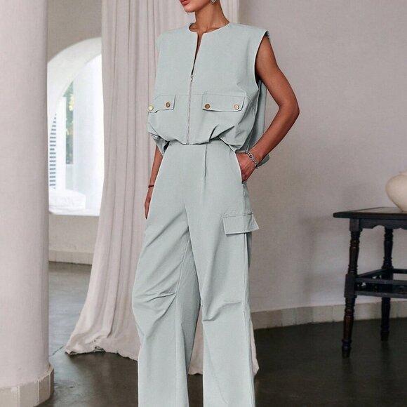 Light Blue Casual Women's Zipper Sleeveless Top And Long Pants Coord Set - Picture 3 of 4